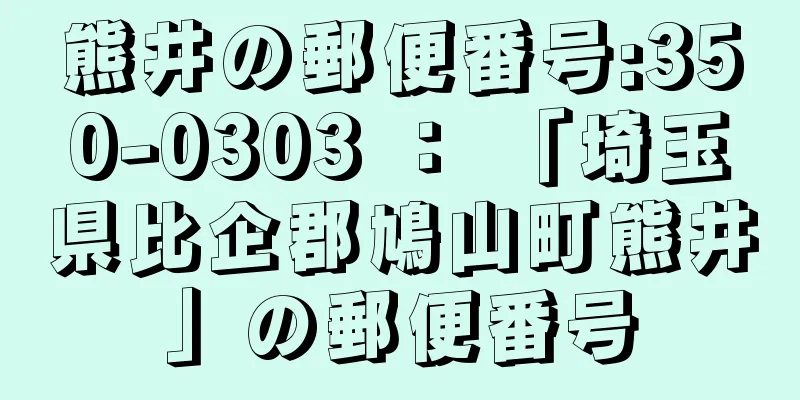 熊井の郵便番号:350-0303 ： 「埼玉県比企郡鳩山町熊井」の郵便番号
