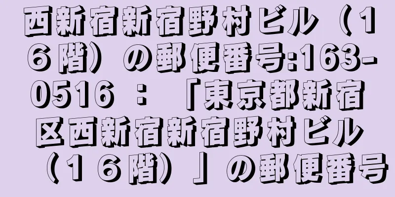 西新宿新宿野村ビル（１６階）の郵便番号:163-0516 ： 「東京都新宿区西新宿新宿野村ビル（１６階）」の郵便番号