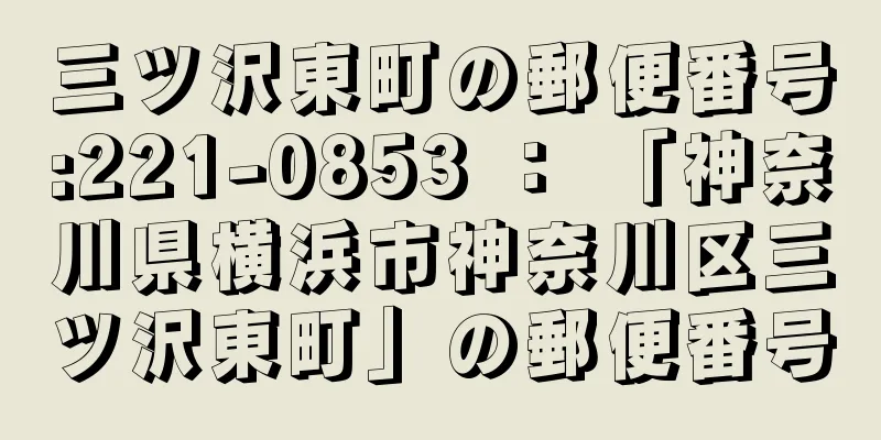 三ツ沢東町の郵便番号:221-0853 ： 「神奈川県横浜市神奈川区三ツ沢東町」の郵便番号