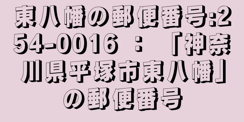 東八幡の郵便番号:254-0016 ： 「神奈川県平塚市東八幡」の郵便番号