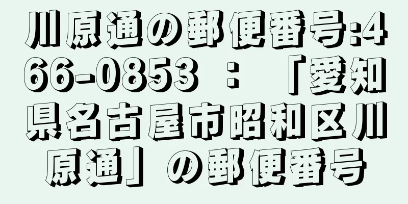 川原通の郵便番号:466-0853 ： 「愛知県名古屋市昭和区川原通」の郵便番号